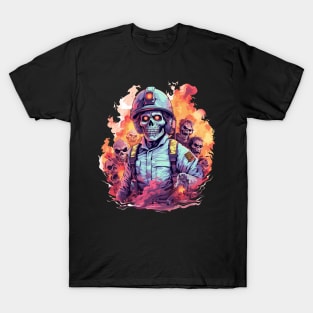 Zombie Firefighter Surrounded by Ghostly Halloween Undead T-Shirt